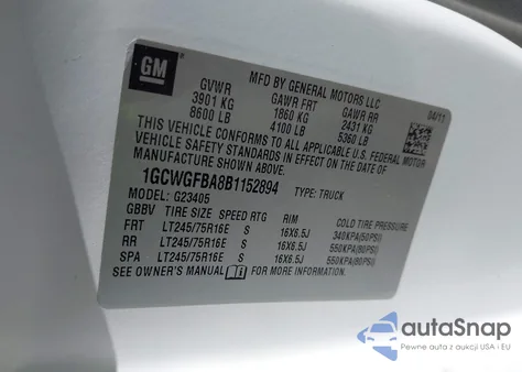 2011 Chevrolet Express 2500 Work Van из США, поврежденный, VIN 1GCWGFBA8B1152894